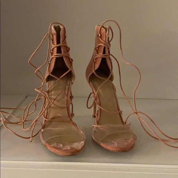 Aldo Velvet Pink Transparent Lace Up Sandals - Picture 1 of 3